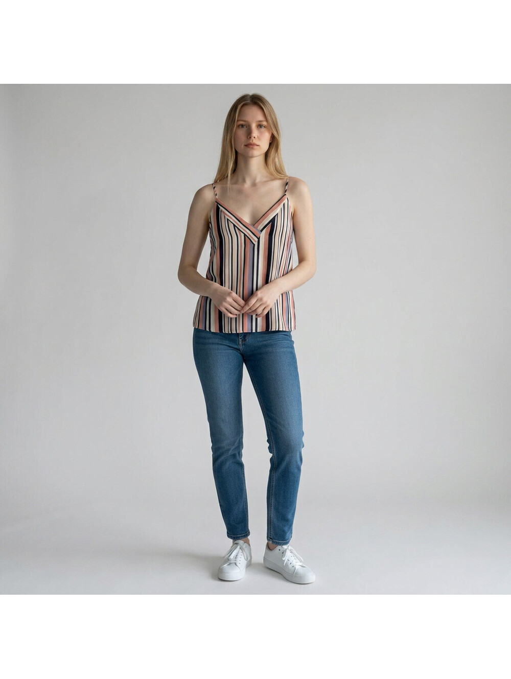 Socialite Top Women L Large Beige Striped V-Neck Sleeveless Spaghetti Strap